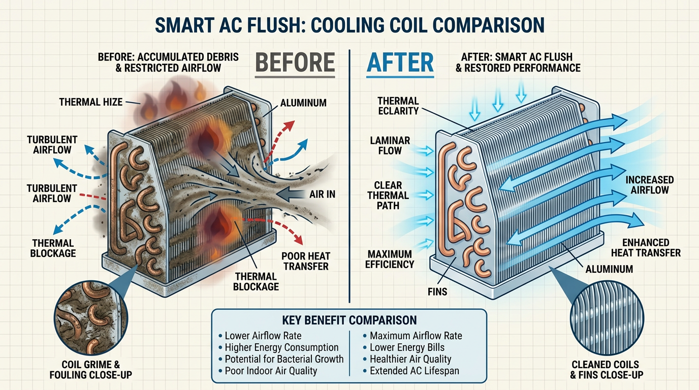 Diagram comparing AC internal coil thermal transfer before and after Smart AC Flush treatment